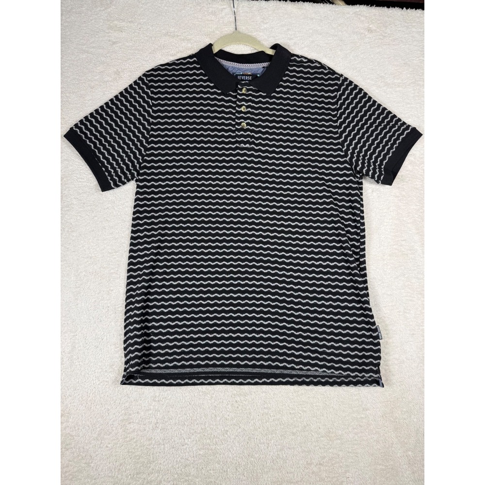 Reverse Threads Polo Shirt Mens Medium Black White Wavy Stripe Good K3686 Casual